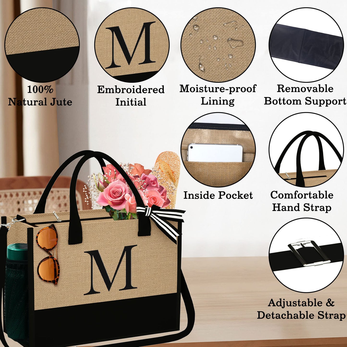YOOLIFE Birthday Gifts for Women - Gifts for Women Teacher, A Initial Beach Bag Gift for Friend Sister Mom Birthday Personalized Gift for Her Wife, Jute Initial Beach Tote Bag