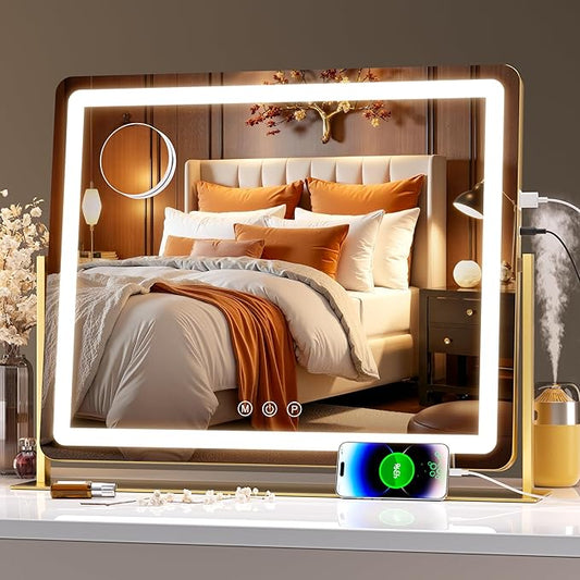 Hasipu Vanity Mirror with Lights 24" x18â -Makeup Mirror with Lights and 5X Magnification, Phone Holder, USB Charging & Smart Touch 3-Color Lighting (Gold)
