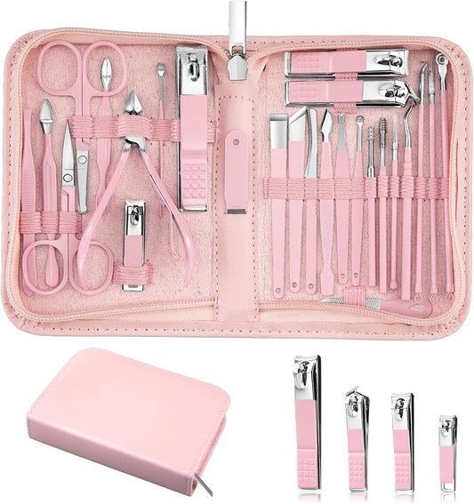 MINKINH 26-Piece Professional Manicure Set，Features Stainless Steel Tools, Carbon Steel Clippers & Travel Case for Women's Home and Travel Grooming(Pink)