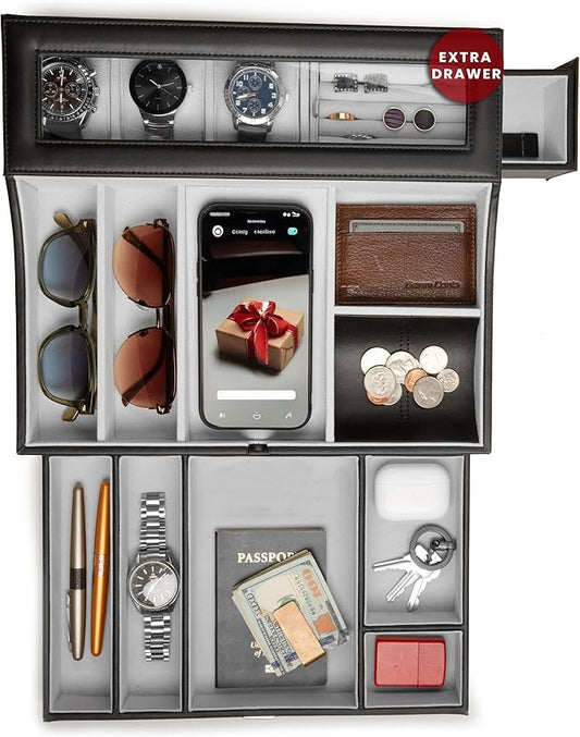 Mens Valet Box Organizer, Large Leather Valet Tray for Men, Mens Valet Tray Organizer with Charging Station, Mens Jewelry Box Organizer for EDC Valet Mens Accessories, Nightstand Bedside Dresser Top