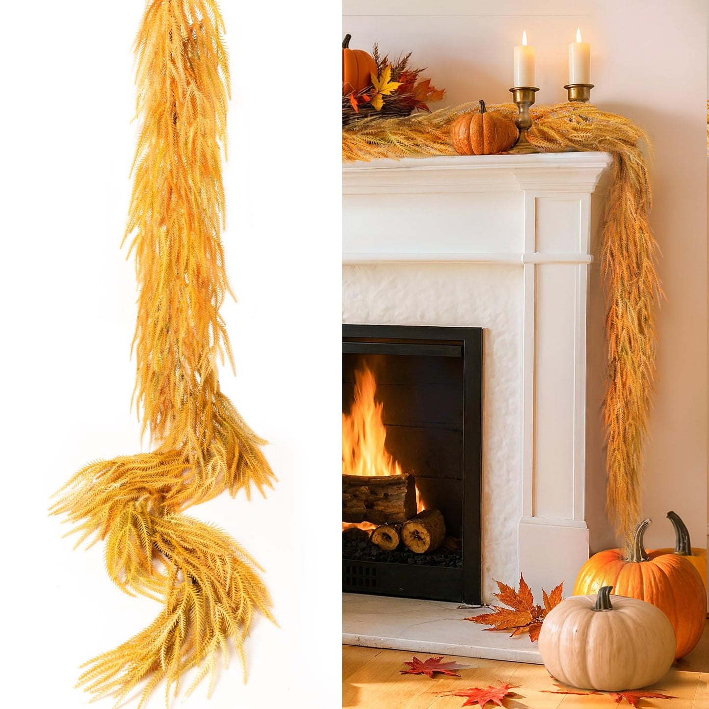 Noverlife 6FT Fall Garland for Mantle, Artificial Fall Leaf Garlands Gradient Autumn Hanging Norfolk Pine Garland, Harvest Faux Pine Wreath Fall Leaves Decor for Home Thanksgiving Halloween