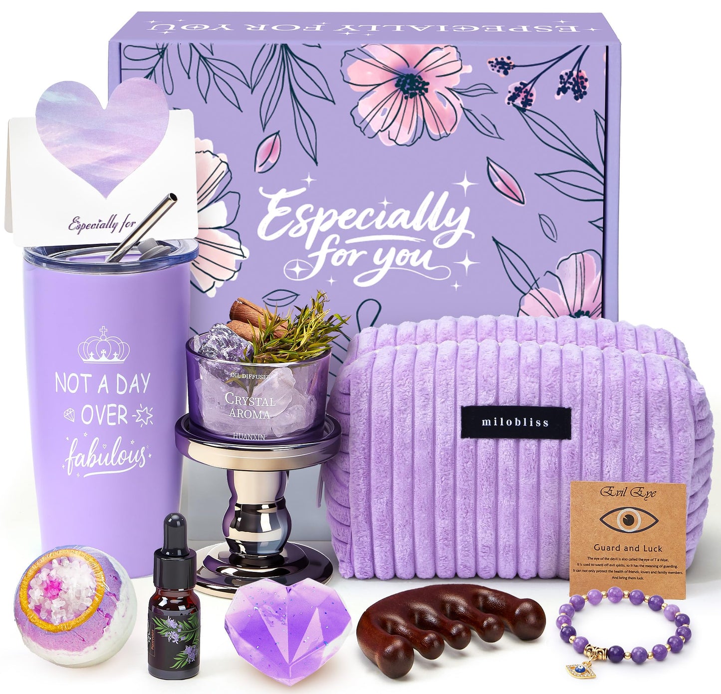Golray Lavender Gifts for Women Friendship Gift Basket, Purple Dream Healing Fireless Aromatherapy/Thermos Set, 30th 40th 50th Women Self Care Spa Birthday Gifts for Her Sister Mom