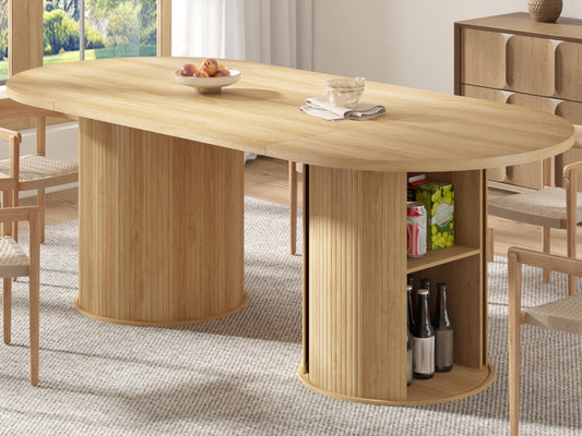 AMERLIFE 86.6" Modern Oval Dining Table with Hidden Storage, Extra Long Wooden Dining Room Table with Cylindrical Fluted Base, Seats 6–8, Natural Wood