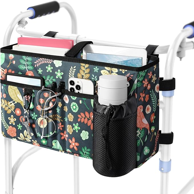 Rhino Valley Walker Bag, Secure Fit Walker Basket with Cup Holder, Large Capacity Foldable Walker Accessories for Seniors, Detachable Folding Walker Pouch Organizer for Older Elderly Gifts,Birds