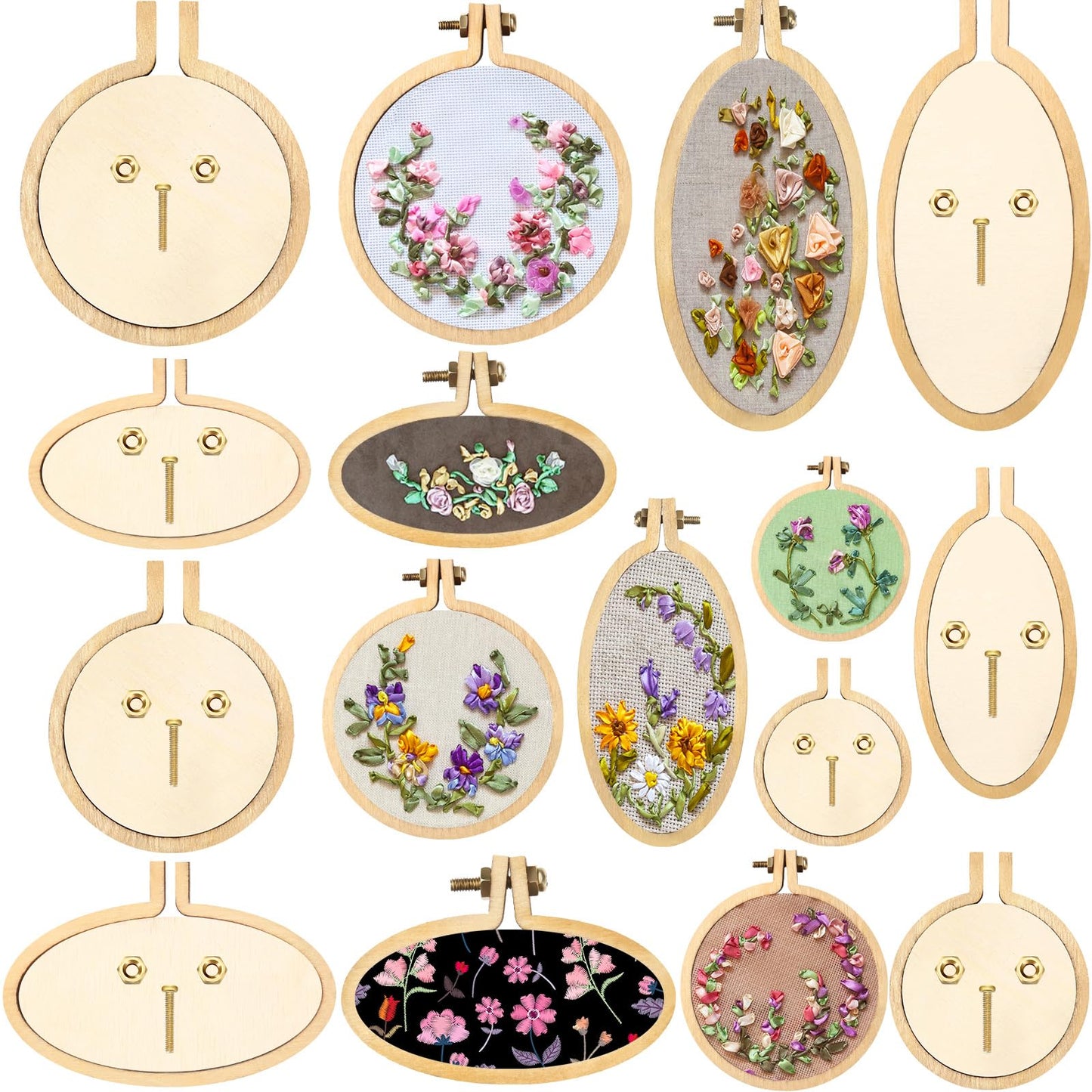 Syhood 16 Sets Mini Embroidery Hoop Wooden Mini Stitch Hoop Ring for DIY Pendant Crafts, Round, Oval Vertical, Oval Horizontal