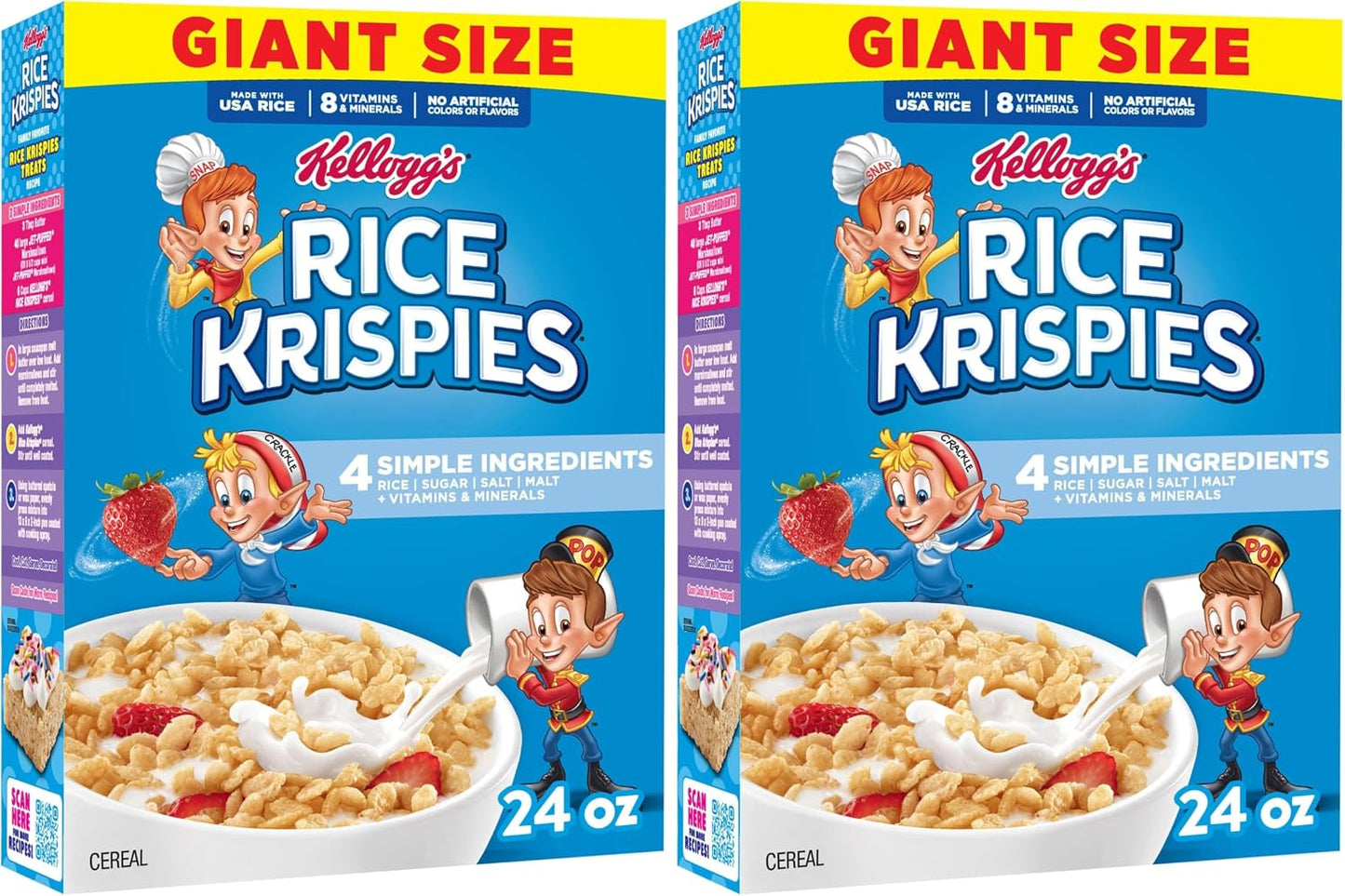 Kellogg's Rice Krispies Cold Breakfast Cereal, 8 Vitamins and Minerals, Rice Krispies Treats, Giant Size, Original, 24oz (1 Box), (Pack of 2)