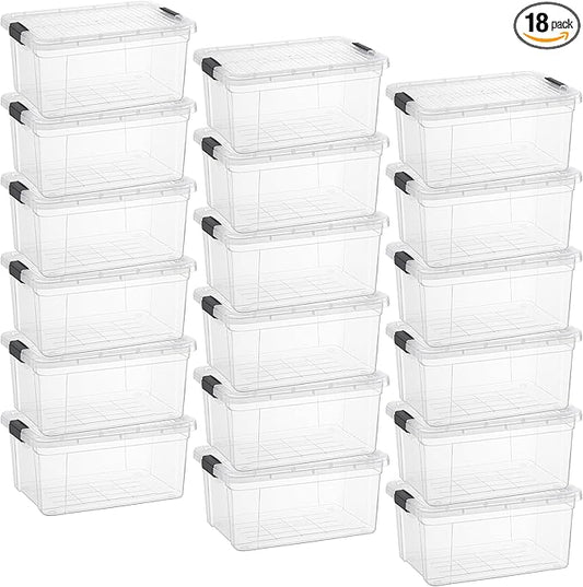Superio Small Clear Storage Box with Lid, 6.6 Quart Plastic Container Bins for Organizing, Stackable Crates, BPA Free, Non Toxic, Odor Free, Organizers for Home, Office, School, and Dorm, 18 Pack