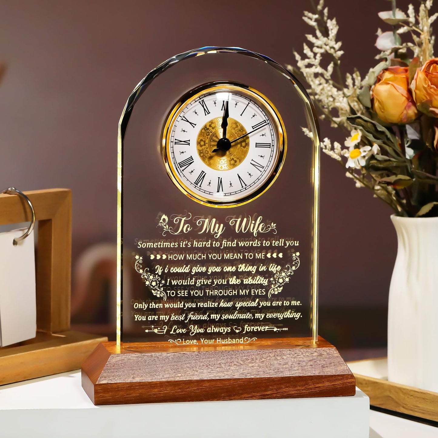 Arikyrist Glass Clock Gifts for Wife from Husband with Wooden Light Base, Personalized Gift for Wife Who Has Everything on Birthday Valentine's Day, Presents for Her on Christmas Home Desk Clock