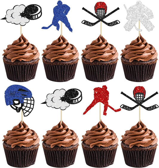 24Pcs Hockey Cupcake Toppers Multi Glitter Hockey Players Cake Toppers Ice Hockey Cake Decorations for Sports Theme Baby Shower Kids Boys Girls Birthday Party Supplies