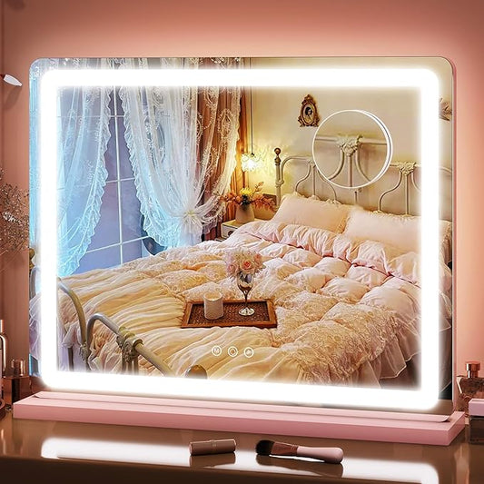 FENNIO 23" x 18" Vanity Mirror with Lightsï¼LED Makeup Mirrorï¼Hollywood Mirror with 3 Color Modes & Adjustable Brightnessï¼Vanity Mirror Pink