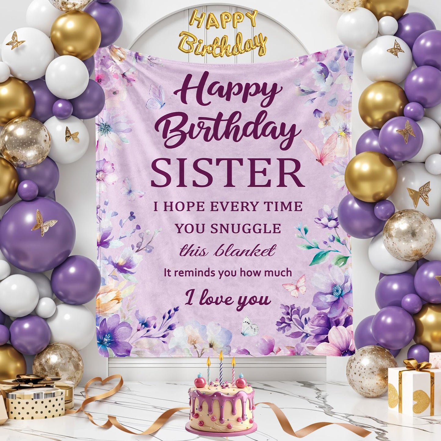 Happy Birthday Sister Blanket, Sisters Birthday Gifts, Gifts for Sister Birthdays, Sisters Gift from Sis, Birthdays Present for Sis Throw Blanket, Purple, 50"X60"