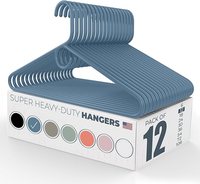 Neaties Super Heavy Duty Clothes Hangers 12 Pack â Made in The USA - 10lb Capacity, Thick Plastic Hangers for Pants, Coats, Jackets, Jeans and Adult Clothing â Blue