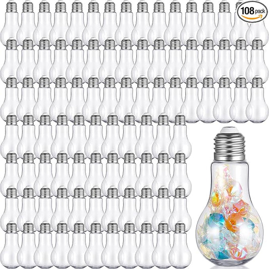 Juexica 108 Pieces Plastic Fillable Light Bulb Ornaments Clear Empty Lightbulb Containers Small Candy Bottles Drink Cups Decorative Jars for Crafts Gifts Party Favors 100 ml (Silver Cap)