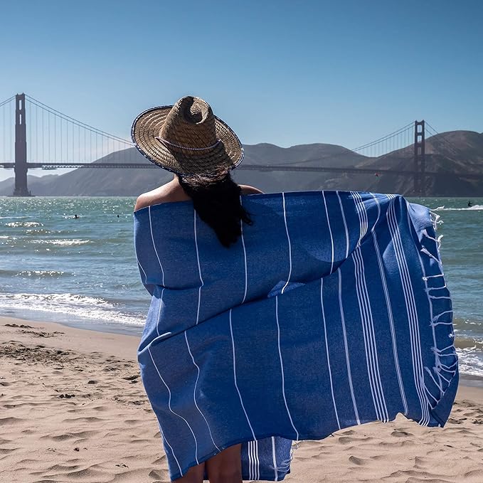 BAY LAUREL Turkish Beach Towel with Travel Bag 39 x 71 Quick Dry Sand Free Lightweight Large Oversized Towels Light - (Dark Blue with Blue Floral Bag)