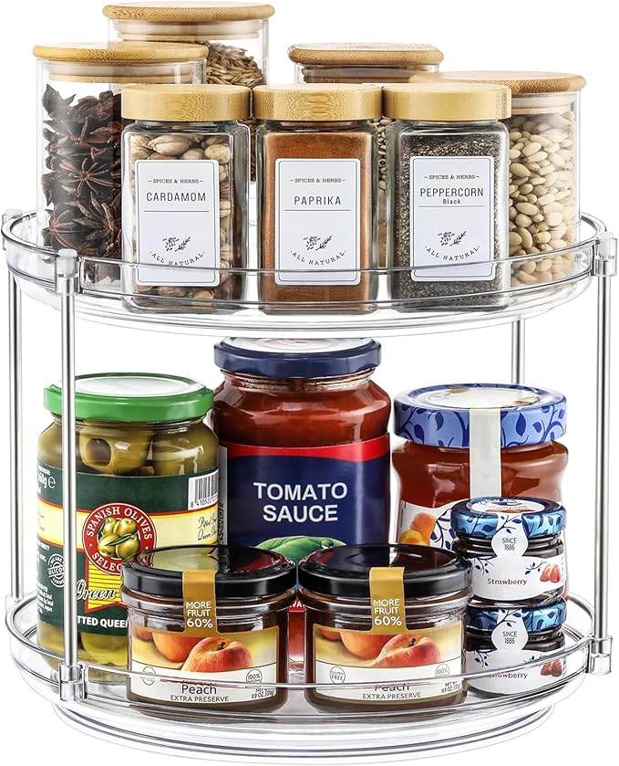 2 Tier Non-Skid Acrylic Lazy Susan Turntable Organizer - Rotating Spice Rack - Spinning Organization Tray for Kitchen, Pantry, Countertop, Closet, Bathroom, Vanity, Medicine Cabinet Organizing, 9.25''