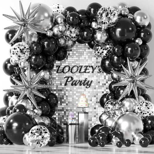 137Pcs Black and Silver Balloons Garland Arch Kit with Stars - 5 10 12 18 inch Black Silver Confetti Latex Party Balloons for 2025 Graduation Retirement Birthday Anniversary