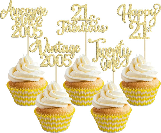 30Pcs Vintage 2005 Cupcake Toppers Glitter Twenty-one Happy 21st Birthday 21 Fabulous Cupcake Picks Awesome Since 2005 Cake Decorations for 21st Birthday Anniversary Retirement Party Supplies Gold