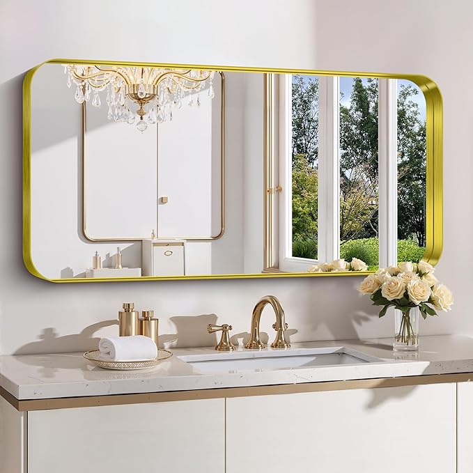 FORBATH 24x48 Inch Bathroom Mirror, Brushed Gold Deep Frame Narrow Wall Mirror with Rounded Corners, Anti-Rust Tempered Glass for Modern Farmhouse Vanity (Horizontal/Vertical)