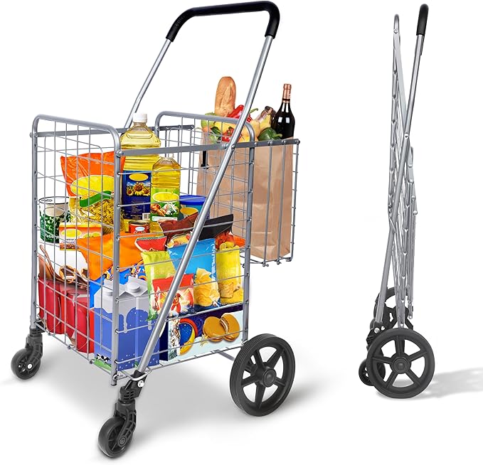 Whitmor Utility Folding Shopping Cart, 115L Heavy Duty Grocery Cart with Double Basket, 360Â° Swivel Wheels, Foldable Rolling Utility Trolley, 110 Lbs Capacity for Grocery, Laundry, Travel, Sliver