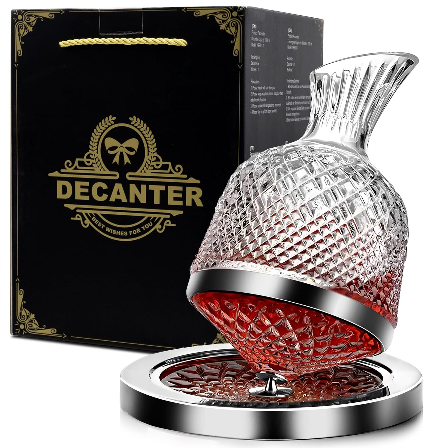 Red Wine Decanter 50oz/1500ml, YTHFGRT Wine Carafe Decanter Made of Lead-Free Crystal Glass, 360Â° Rotating Decanters for Whisky and Wine, Decanter Gift Box Design for Men Women Gifts