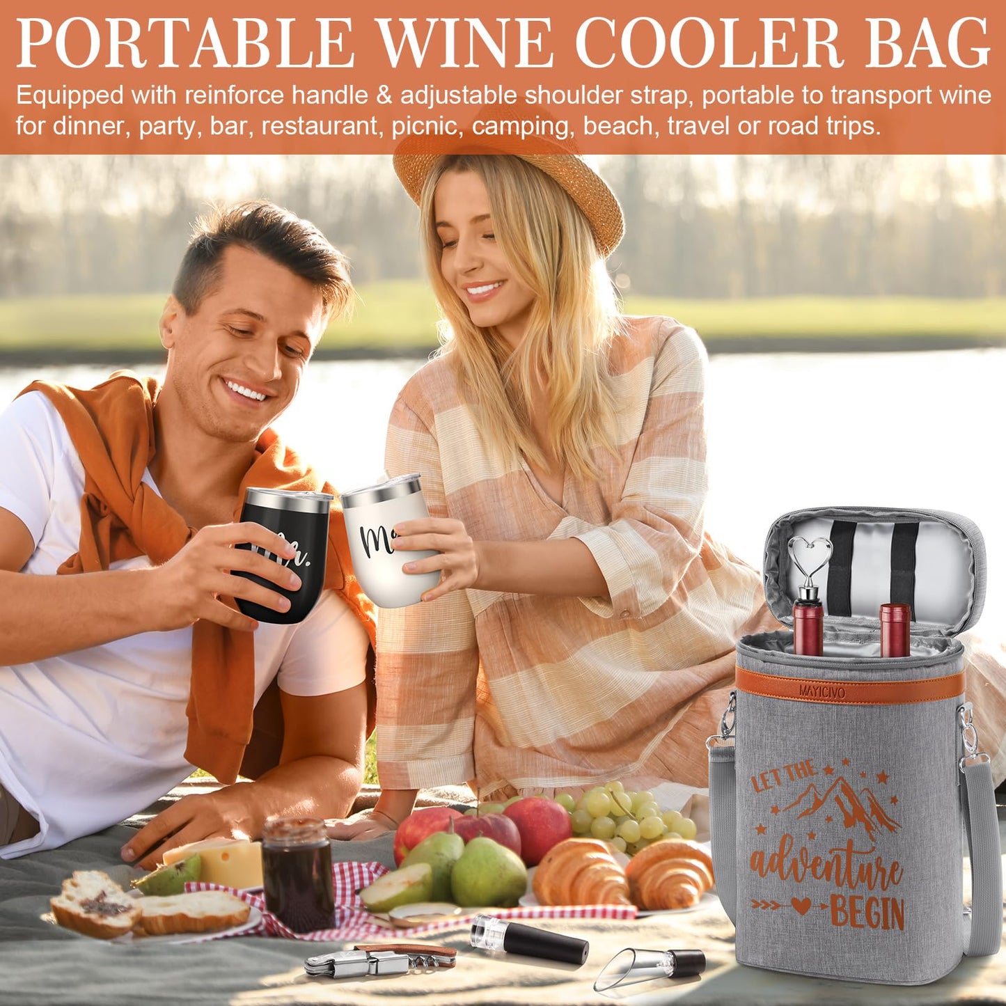 Wedding Gifts for Couples, Mr and Mrs Wine Tumblers Gifts - Engagement, Bridal Shower, Newlywed, His & Hers, Valentines Day, House Warming-Insulated Wine Cooler Tote Bag w/ Wines Accessories Gift Set