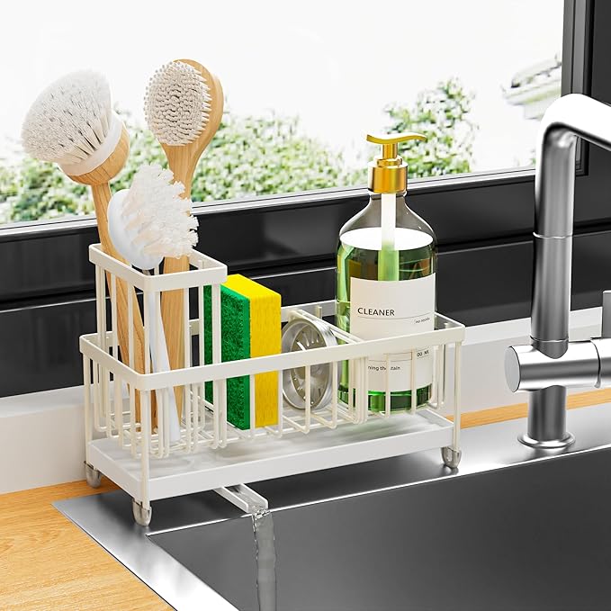 Cisily Sponge Holder for Kitchen Sink, Sink Caddy Organizer with High Brush Holder, Kitchen Countertop Organizers and Storage Essentials, Rustproof 304 Stainless Steel (Cream, 9.25â³)