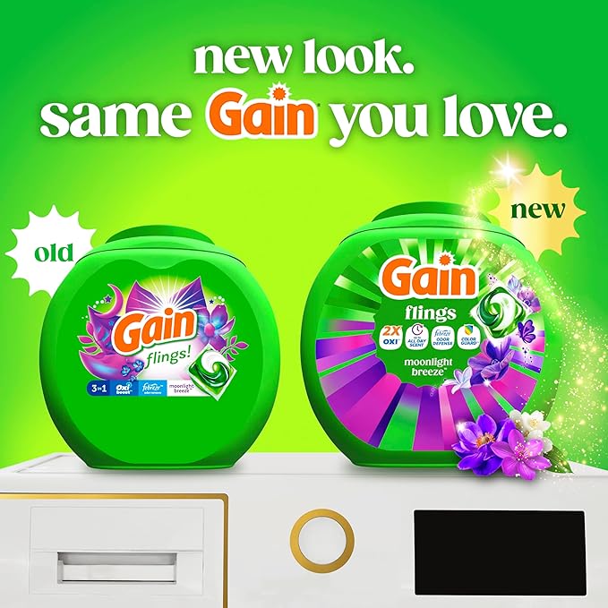 Gain Flings Laundry Detergent Pods Odor Defense + Color Guard, Moonlight Breeze Scent, 3 in 1 HE Detergent Pacs with Oxi Boost and Febreeze, 112 Count (Packaging May Vary)