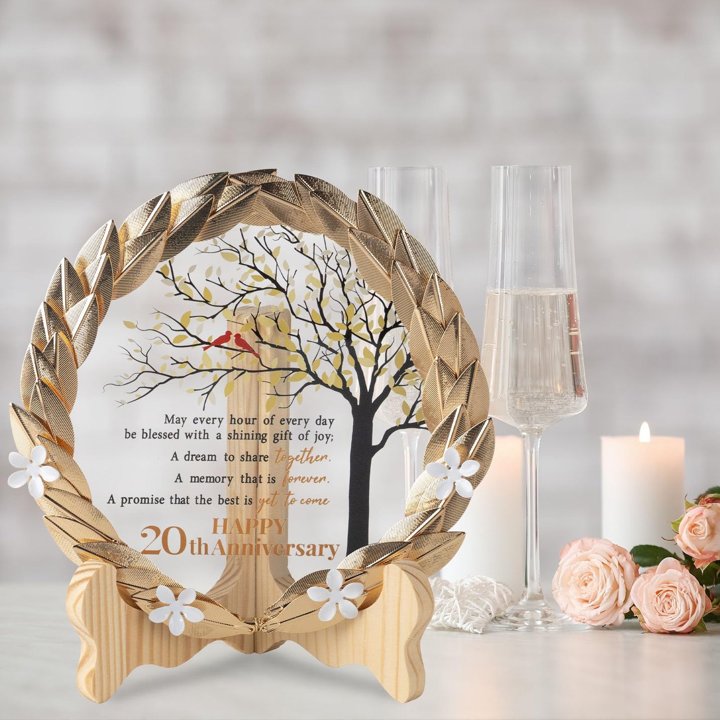 20th Anniversary Wedding Gifts Crystal Plate with Gold Leaf Wreath - 20 Years Anniversary Wedding Unique Gifts Ideas for Parents Couple - Cardinal Style