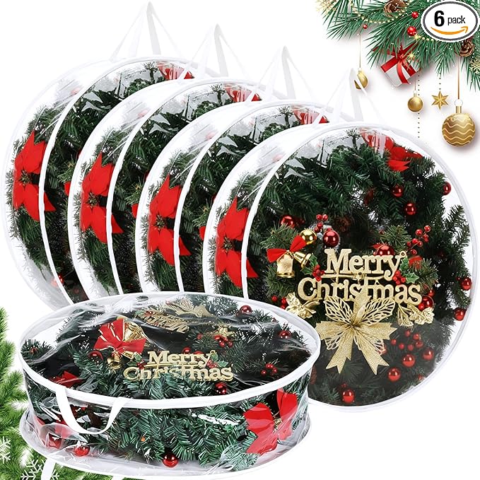Shappy 6 Pieces Clear Christmas Wreath Storage Container 24 Inches Xmas Wreath Storage Bag Plastic Christmas Garland Container with Dual Zippers and Reinforced Handles for Xmas Seasonal (Clear)