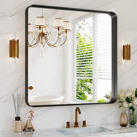 36 Inch Brushed Nickel Bathroom Mirrors for Over Sink, Rounded Rectangle Black Vanity Mirror, Farmhouse Mirror for Wall, HD Tempered Glass, Anti-Rust Mirror,Hangs Horizontally or Vertically