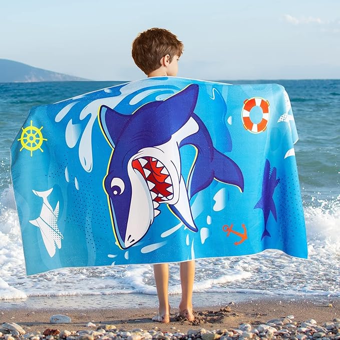 WERNNSAI Kids Beach Towel for Boys - 30” x 60” Shark Sand Free Swim Towels Pool Beach Towel for Boys Kids Quick Dry Absorbent Super Soft Beach Blanket Camping Travel Bath Shower Towel