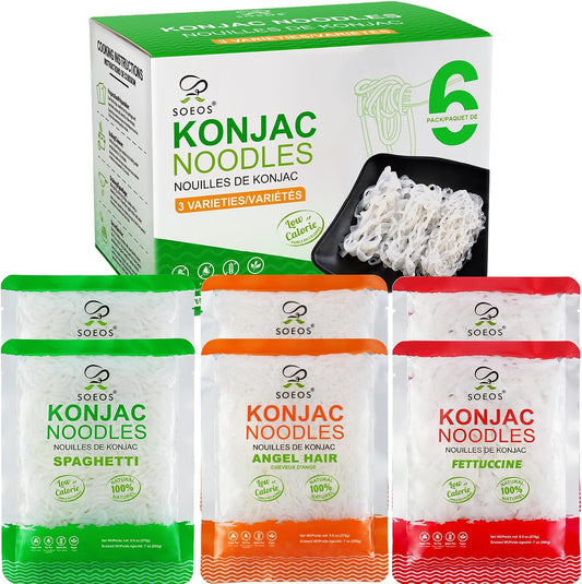 Soeos Konjac Noodles, Shirataki Noodle, 9.5 oz (270g)*6 Packs, Low Calorie, Low Carb, Keto and Paleo Friendly, 3 Variety Noodles, Fettuccine, Angel Hair, Spaghetti, Total 57 Ounce