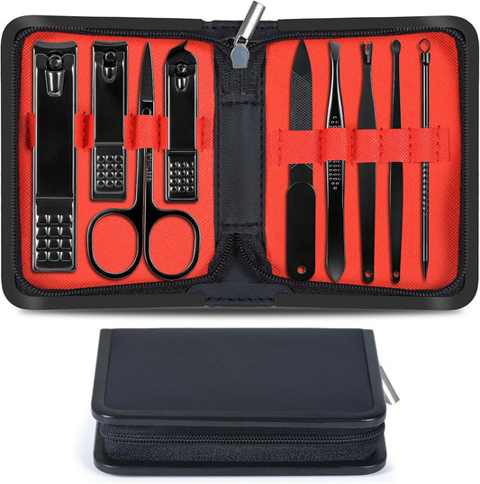 Nail Clippers Set Men Personal Care Tools Accessories Professional Manicure Pedicure Kit With Travel Case Nail Grooming Kit Gifts for Men Women Father Mother (Black and Red)