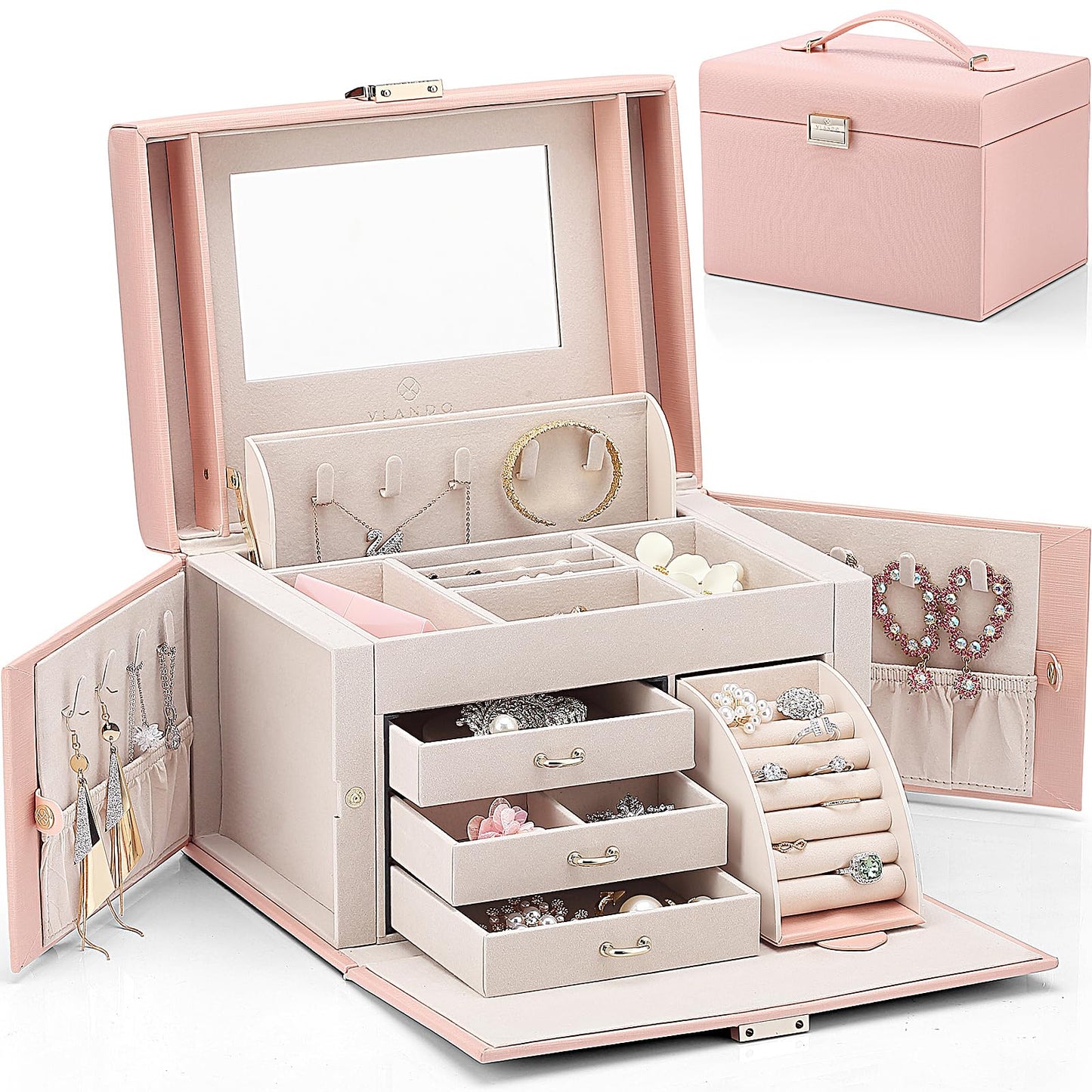 Vlando Jewelry Box Organizer for Girls Women, Large Baroque Jewelry Holder Organizer with Mirror, 3 Drawers for Bracelets, Earrings, Rings, Necklaces, Mothers Day for Loved One, Pink