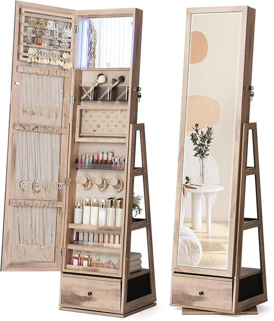 Nicetree 360Â° Swivel Jewelry Cabinet with Lights, Touch Screen Vanity Mirror, Rotatable Full Length Mirror with Jewelry Storage, Standing Jewelry Armoire Organizer, Foldable Makeup Shelf, Toasted Oak