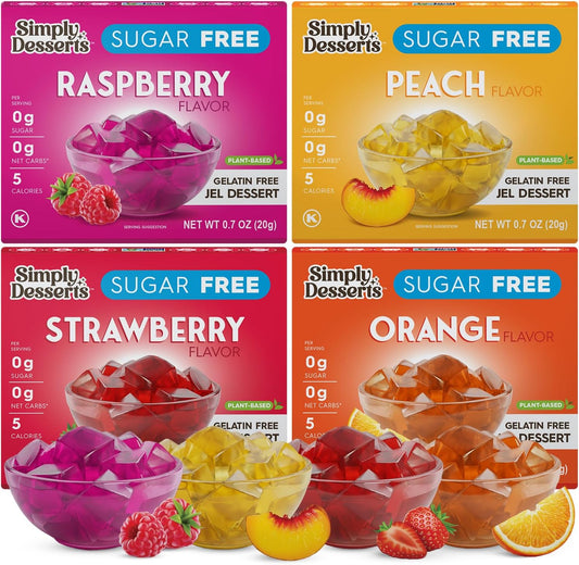 Simply Desserts Sugar-Free Jel Variety 4-Pack (Raspberry, Peach, Orange, Strawberry) – Gluten-Free Dessert, Vegan, Diabetic Friendly, Keto & Kosher, 1.7 Oz Ea