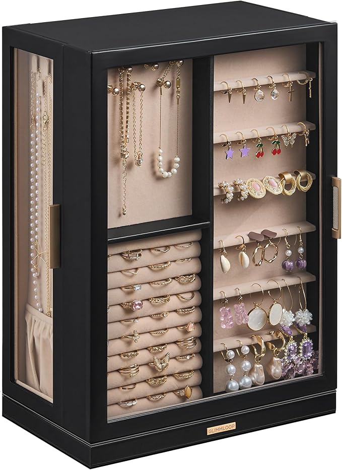 360Â° Rotating Jewelry Box with 9 Drawers, Spacious Vertical Jewelry Organizer with Glass Window, Jewelry Storage Case, Dustproof & Moisture-resistant Design, Black