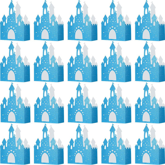 Chinco 20 Pieces Blue Castle Boxes Princess Candy Box Glitter Birthday Party Favor Treat Gift Princess Party Decorations Castle Table Centerpiece for Bridal Girls Wedding Birthday Baby Shower Supplies