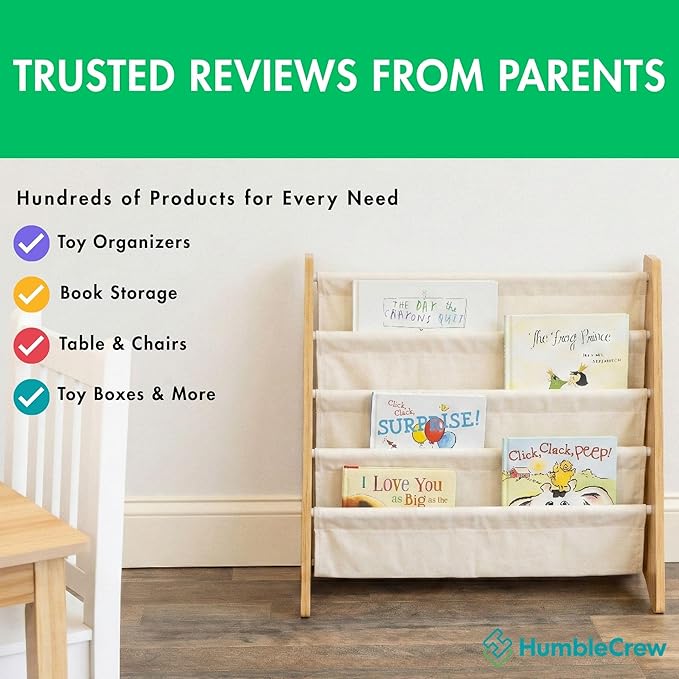 Humble Crew 4-Tier Kids Bookshelf, Natural/White - Premium Book Shelf for Kids Rooms with Four Deep Pockets - Toddler Sling Book Rack with Deep Sleeves, Nursery Bookcase Organizer