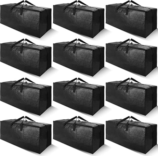 Cosy Family 12 Pack Heavy Duty Moving Bags with Backpack Straps - Strong Handles & Zippers, Storage Totes For Space Saving, Fold Flat, Alternative to Moving Box (X-Large-Set of 12, Black)