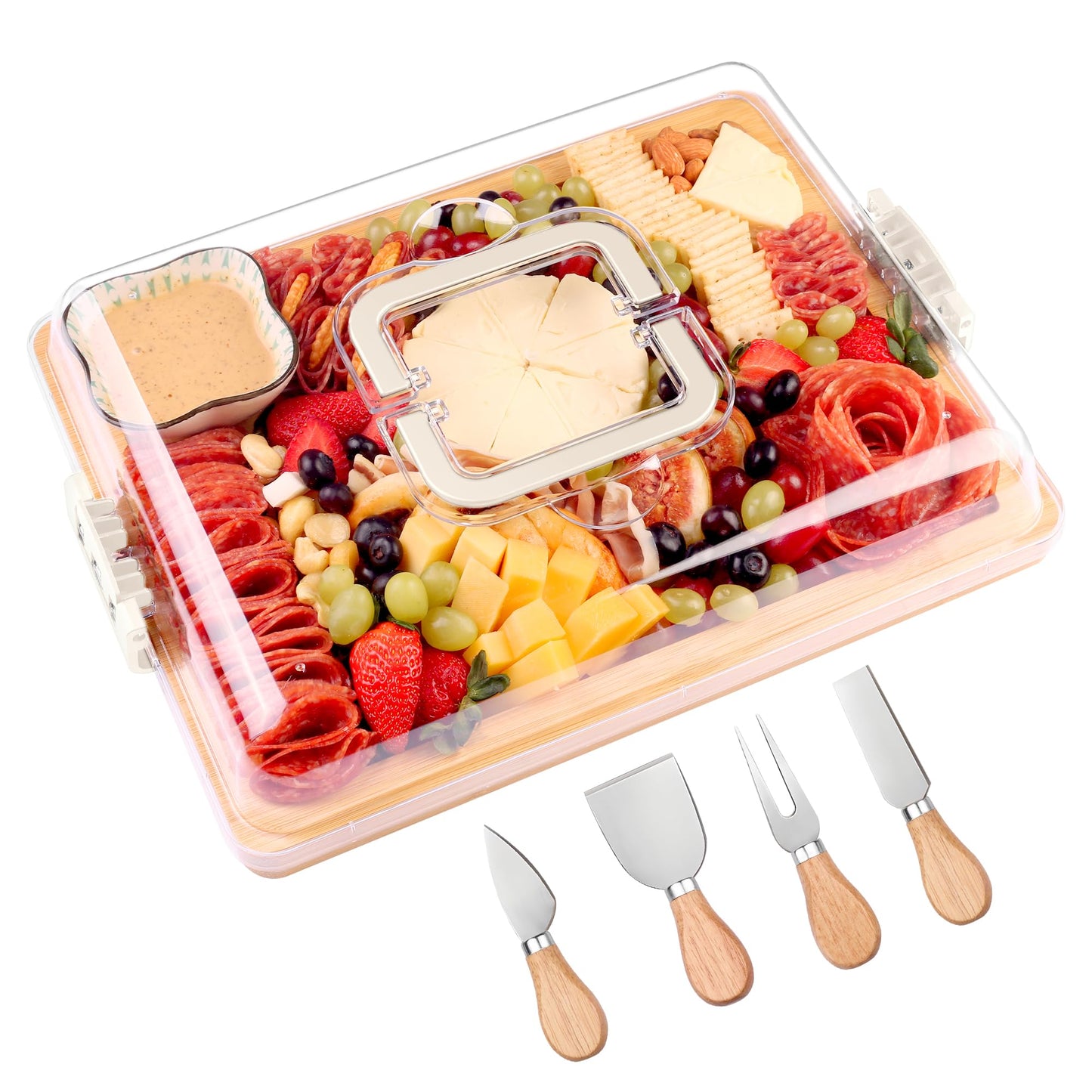 CAWIU Charcuterie Board with Lid and Handle - Portable Travel Design Bamboo Cheese Board Set with 4 Cheese Tools, Gift for Housewarming, Weddings, Picnics (1 Compartment, White)
