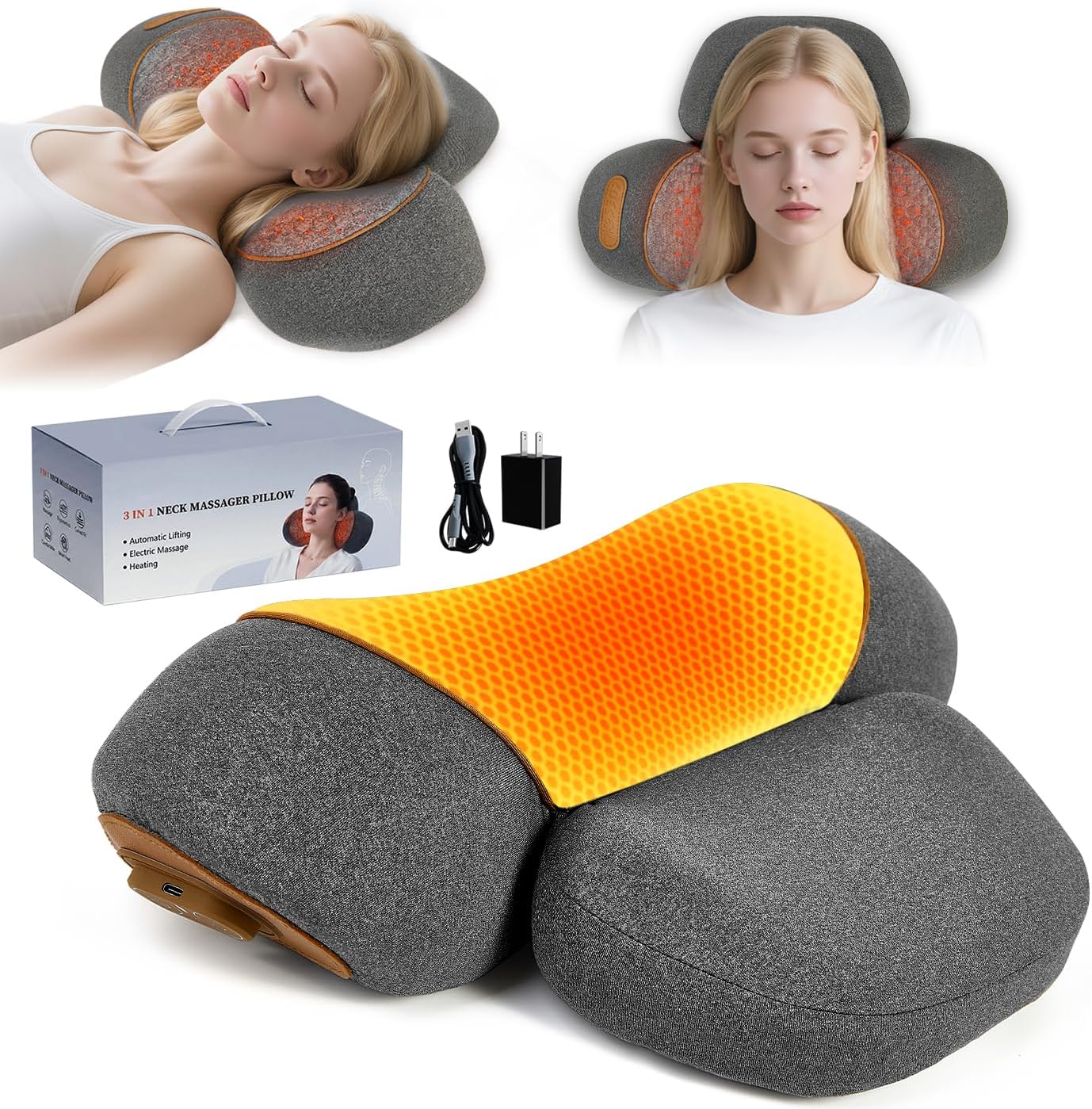 Gifts for Mom, 3-in-1 Electric Neck Massager Pillow with Heat - Rechargeable Neck Cervical Traction Device with Heat, Massage, Electric Stretch, Ergonomic Neck Shoulder Relaxer (Gray Pillow)