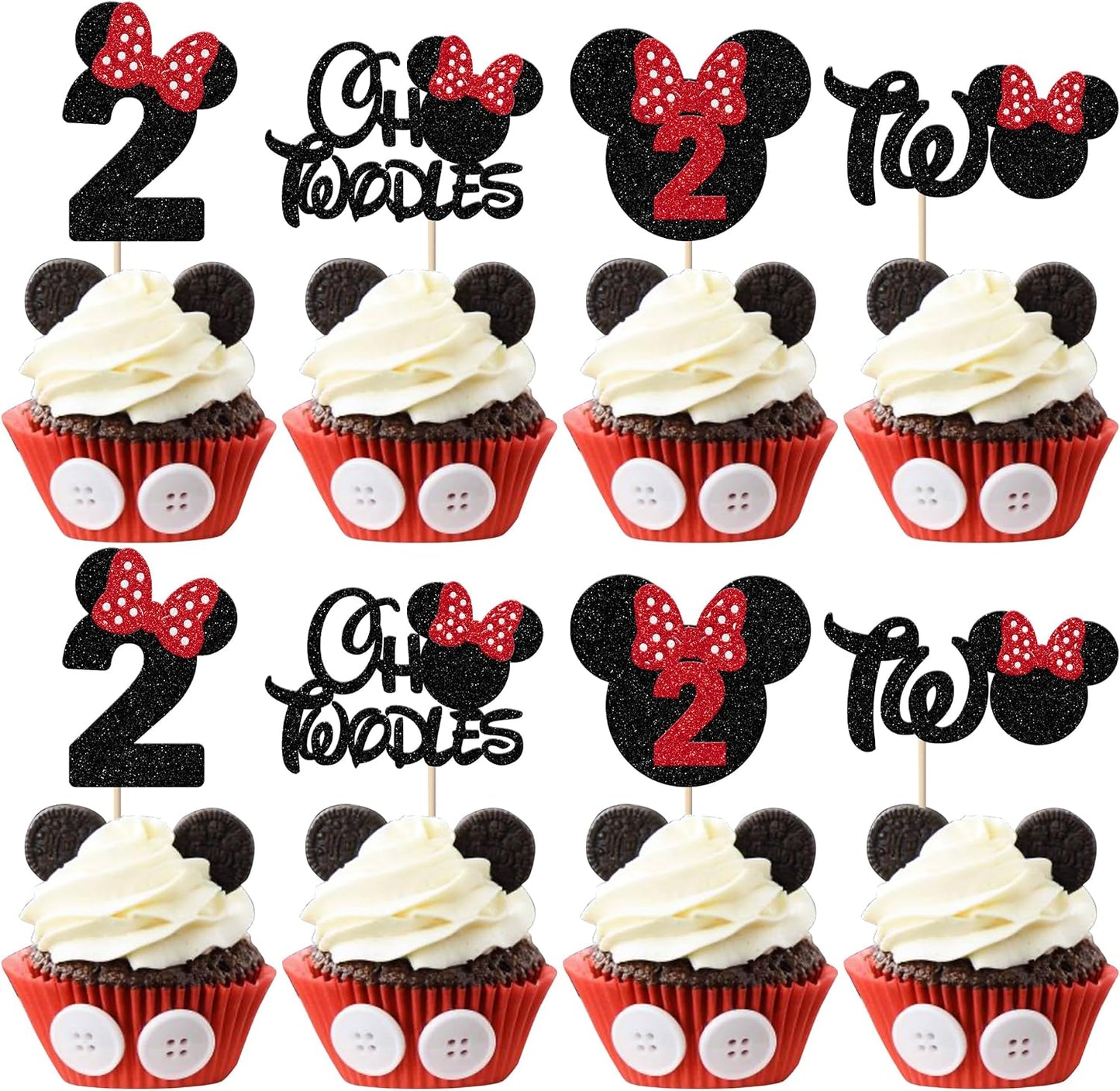 Rsstarxi 24 Pack 2nd Birthday Mouse Inspired Cupcake Toppers, Second Birthday Party Decorations Red Bow Two Oldes Mini Cupcake Picks for Baby Shower 2nd Birthday Party Cake Decorations