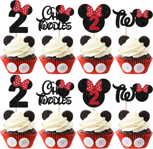 Rsstarxi 24 Pack 2nd Birthday Mouse Inspired Cupcake Toppers, Second Birthday Party Decorations Red Bow Two Oldes Mini Cupcake Picks for Baby Shower 2nd Birthday Party Cake Decorations