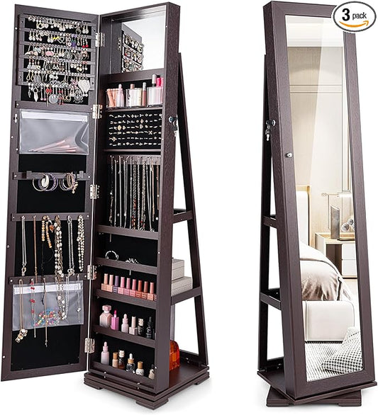 360Â° Swivel LED Mirror Jewelry Cabinet with Full Length Mirror, Lockable Floor Standing Mirrored Jewelry Armoire Organizer w/Inside Makeup Mirror & Back Storage Shelves, Space-Saving (Espresso)