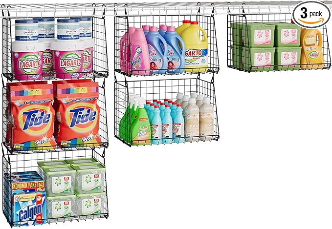 3-Pack Hanging Laundry Baskets, Foldable Metal Wire Shelves with 360Â° Rotating Hooks, Space-Saving Over Washer/Dryer or Closet Storage for Laundry Room & Closet Organization, Black