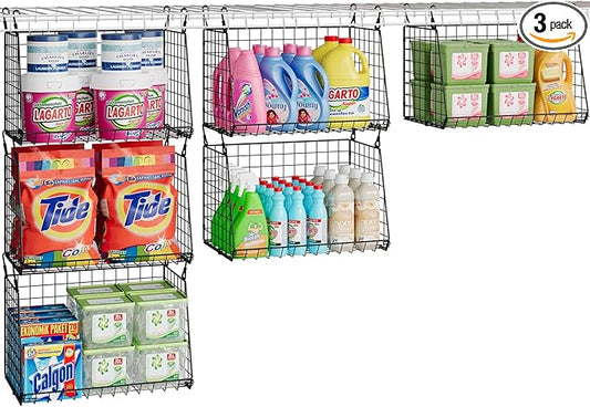 3-Pack Hanging Laundry Baskets, Foldable Metal Wire Shelves with 360Â° Rotating Hooks, Space-Saving Over Washer/Dryer or Closet Storage for Laundry Room & Closet Organization, Black