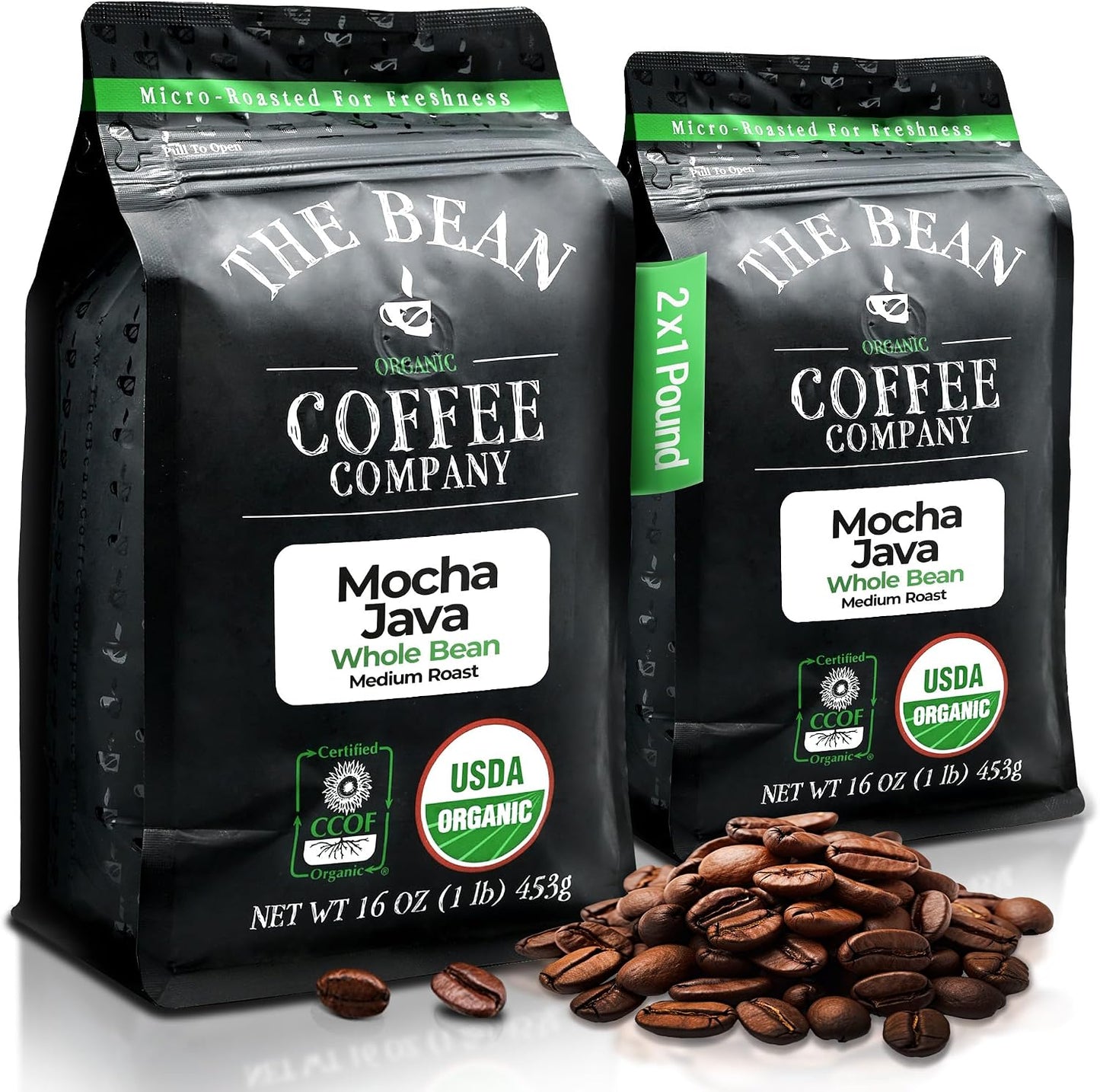 The Bean Organic Coffee Company Mocha Java, Medium Roast, Whole Bean Coffee, 16-Ounce Bags (Pack of 2)