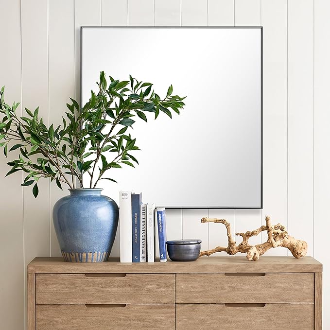 30x30 Inch Black Bathroom Mirror for Wall, Aluminum Frame Rectangle Rectangular Vanity Mirror, Modern Large for Bedroom, Living Room, Horizontal or Vertical