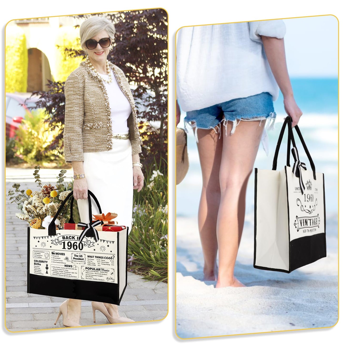 65th Birthday Gifts for Women Canvas Tote Bag Travel Gear, Unique 65 Years Old Birthday Gifts for Mom Wife Aunt Friends Her, Vintage 1960 Handbag & Cosmetic Bag & Back in 1960 Poster